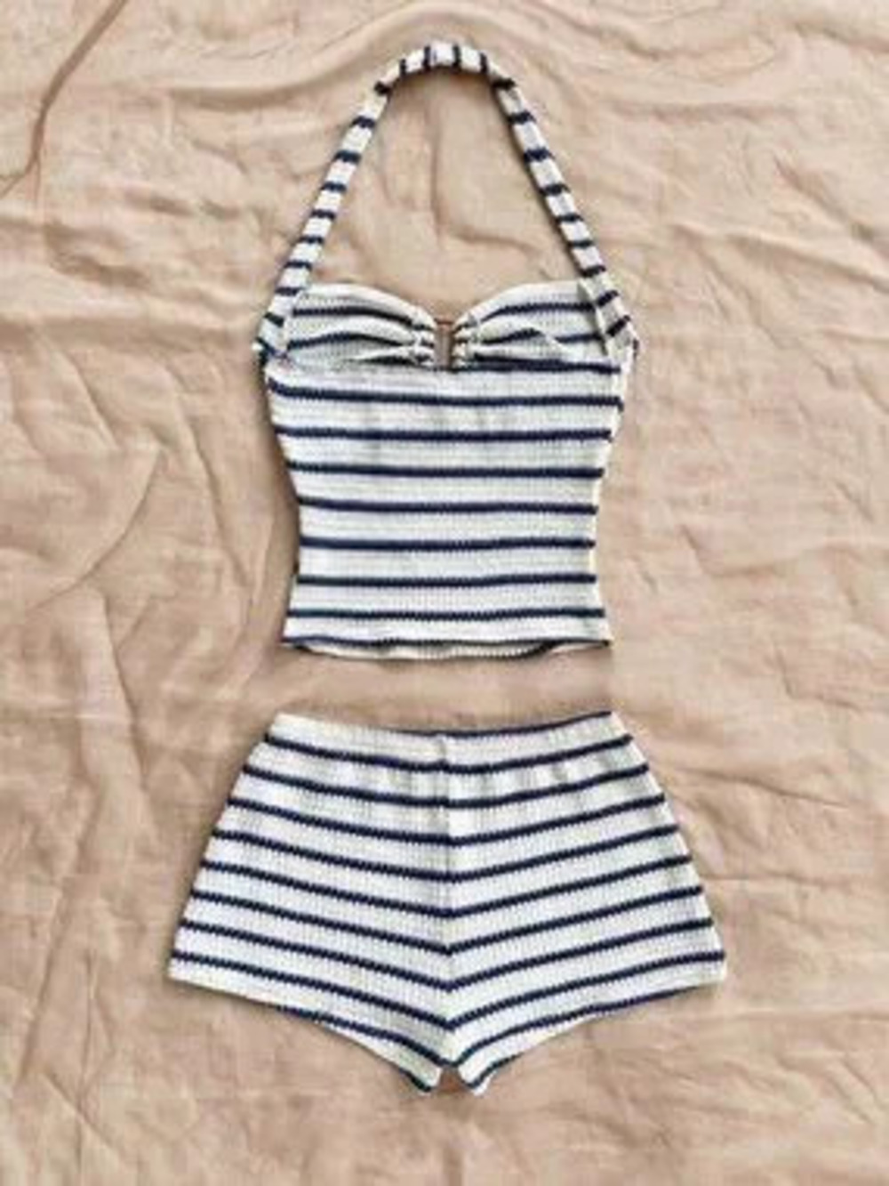 Blue And White Casual Women's Vacation Striped Halter Top And Shorts coord Set